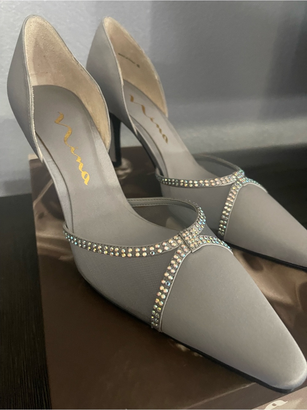 Nina Elegant Gray Pointed-Toe DHeels with Crystal Trim Y2K